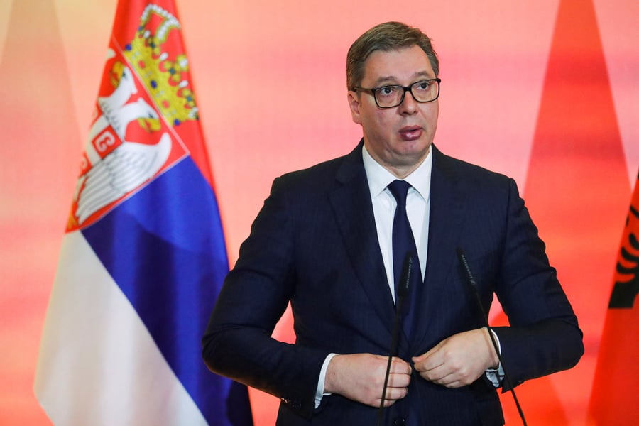 Serbian President Aleksandar Vucic speaks after accusing Montenegro of exporting drug cartels into Serbia amid a Belgrade police corruption scandal