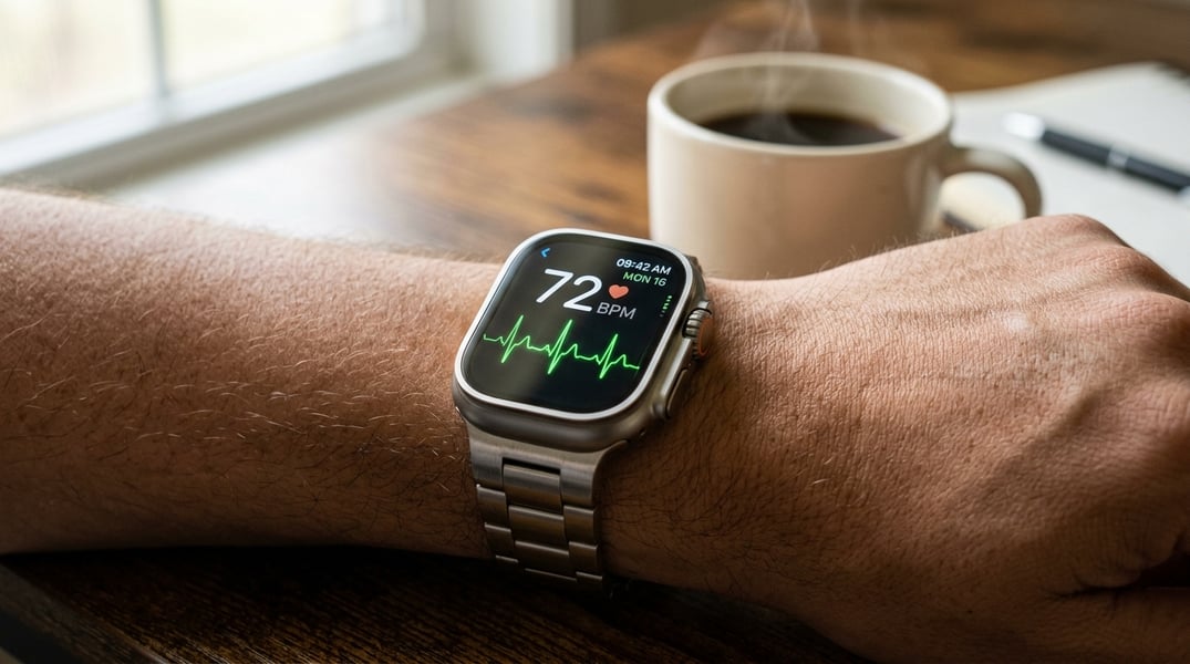 Wearables Are Helping Office Workers Spot Cardiovascular Strain Close-up of a wearable smartwatch displaying heart rate data, used to monitor cardiovascular health and movement