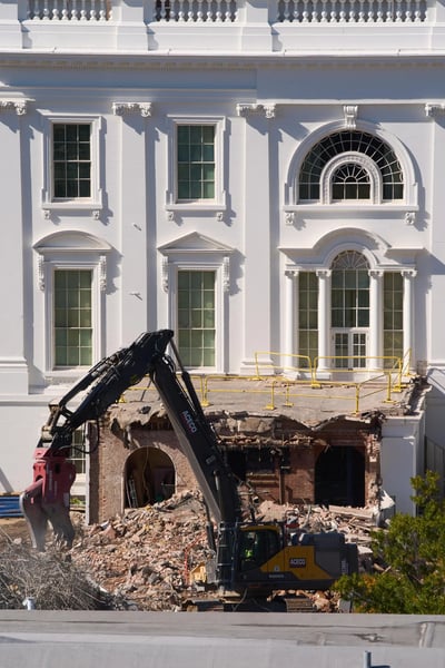 Excavators continue demolition of the East Wing of the White House on October 23, 2025, before Trump ballroom construction