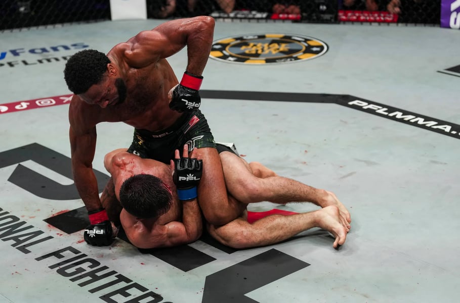 AJ McKee lands ground-and-pound elbows on Salamat Isbulaev in the third round at PFL San Diego 2026 at Pechanga Arena