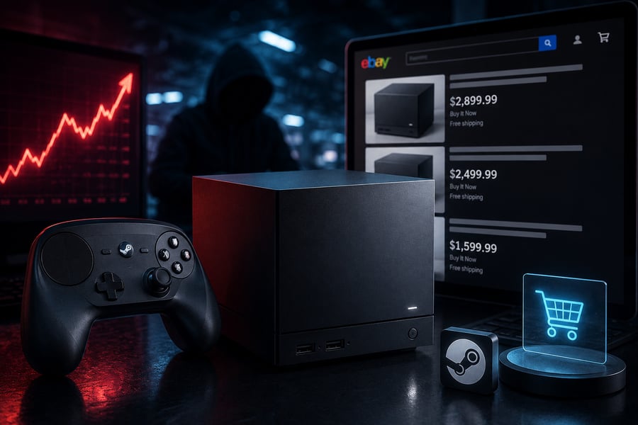 Steam Machine eBay scalper listings showing reservations priced at $2,700 to $2,900 roughly double Valve retail price