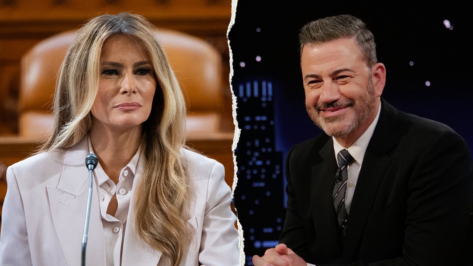 A split image of first lady Melania Trump and ABC late-night host Jimmy Kimmel
