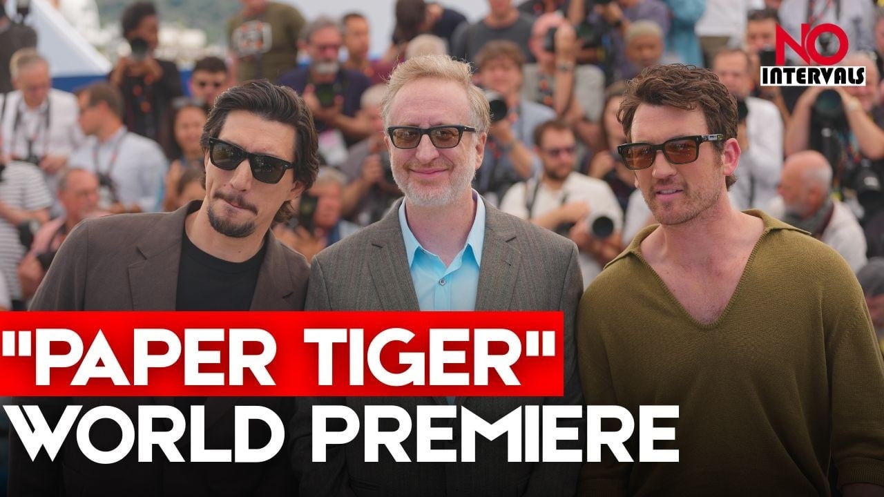Adam Driver and Miles Teller at the Cannes 2026 premiere of Paper Tiger directed by James Gray