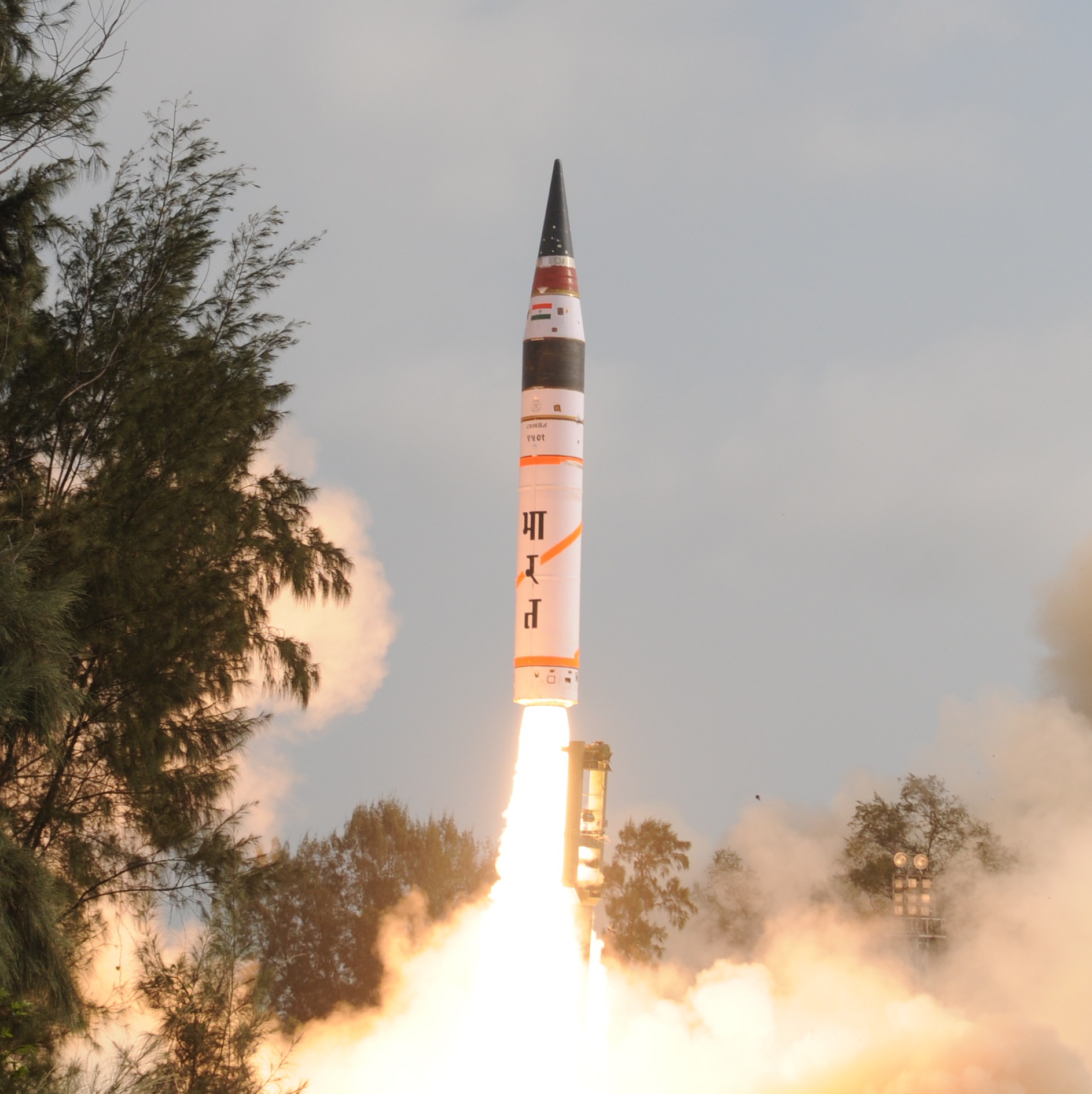 India's Agni-V long-range ballistic missile lifting off during its first test flight from Wheeler Island, Odisha