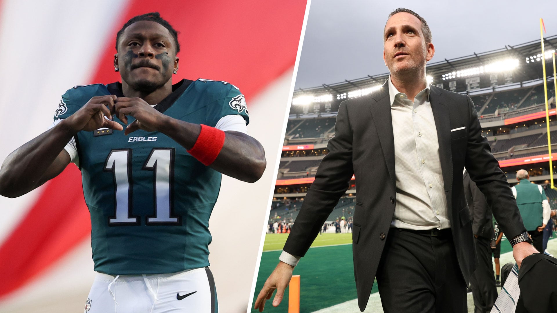 Philadelphia Eagles GM Howie Roseman and wide receiver A.J. Brown after the trade to the New England Patriots was announced