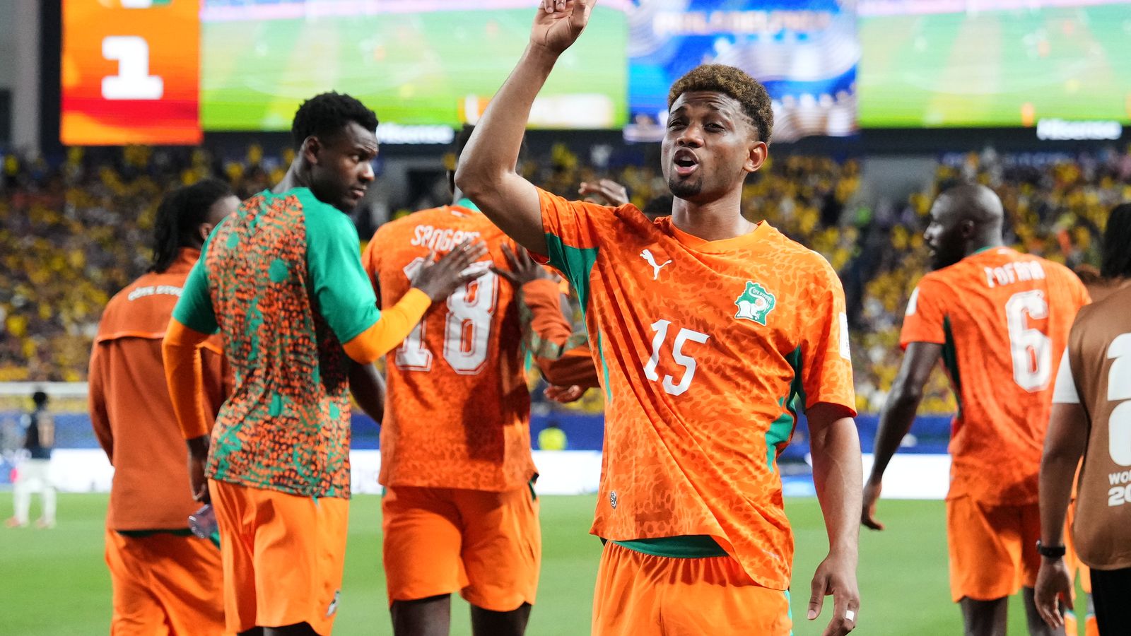 Ivory Coast winger Amad Diallo gestures to fans after scoring in the 90th minute against Ecuador at World Cup 2026