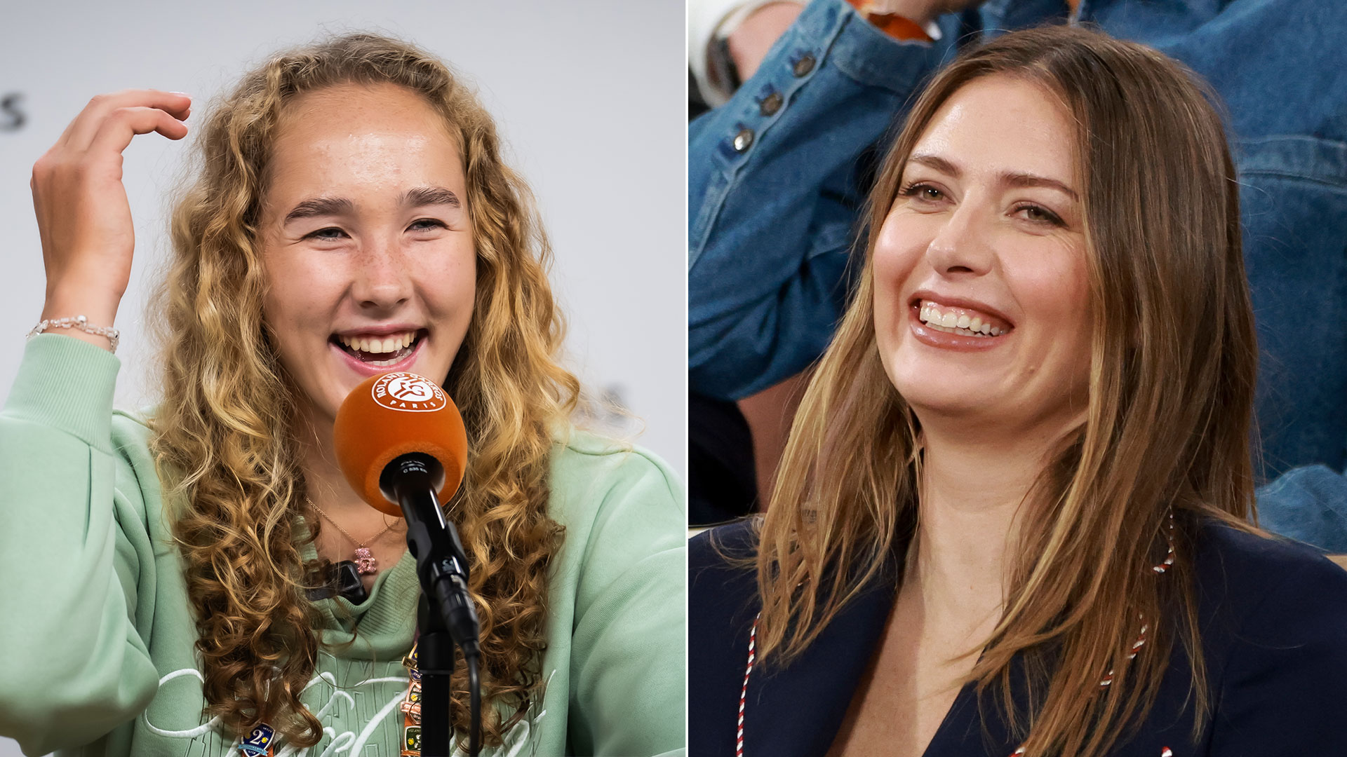 Mirra Andreeva and Maria Sharapova photographed together at the US Open