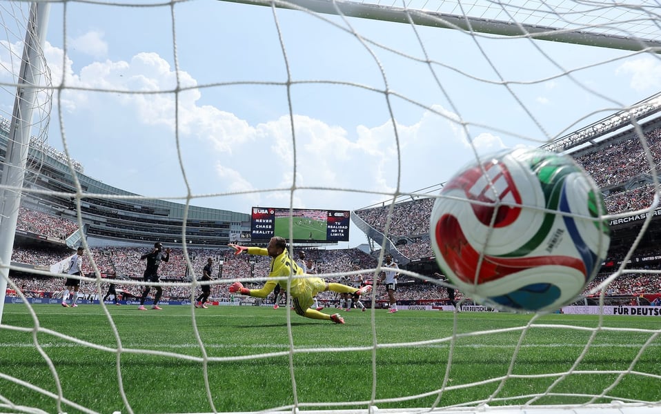Antonee Robinson USMNT celebrates goal Germany Soldier Field World Cup 2026