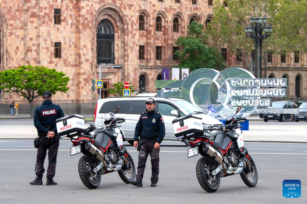 Police officers on duty at Republic Square in Yerevan Armenia ahead of the June 7 2026 parliamentary elections
