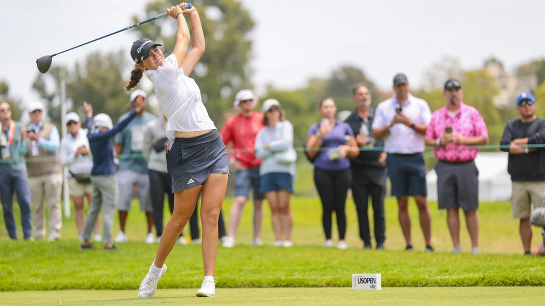 Asterisk Talley hits a shot during the third round of the 2026 U.S. Women's Open at Riviera Country Club