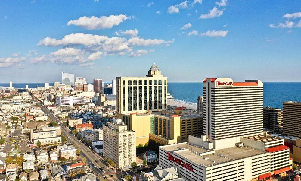 Atlantic City boardwalk view with Tropicana and Caesars casinos, properties covered by Unite Here Local 54 contracts