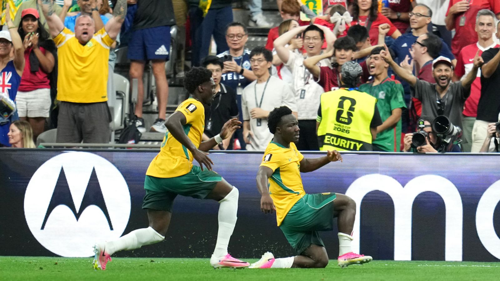Nestory Irankunda celebrates Australia's opening goal against Turkiye at the 2026 FIFA World Cup Vancouver