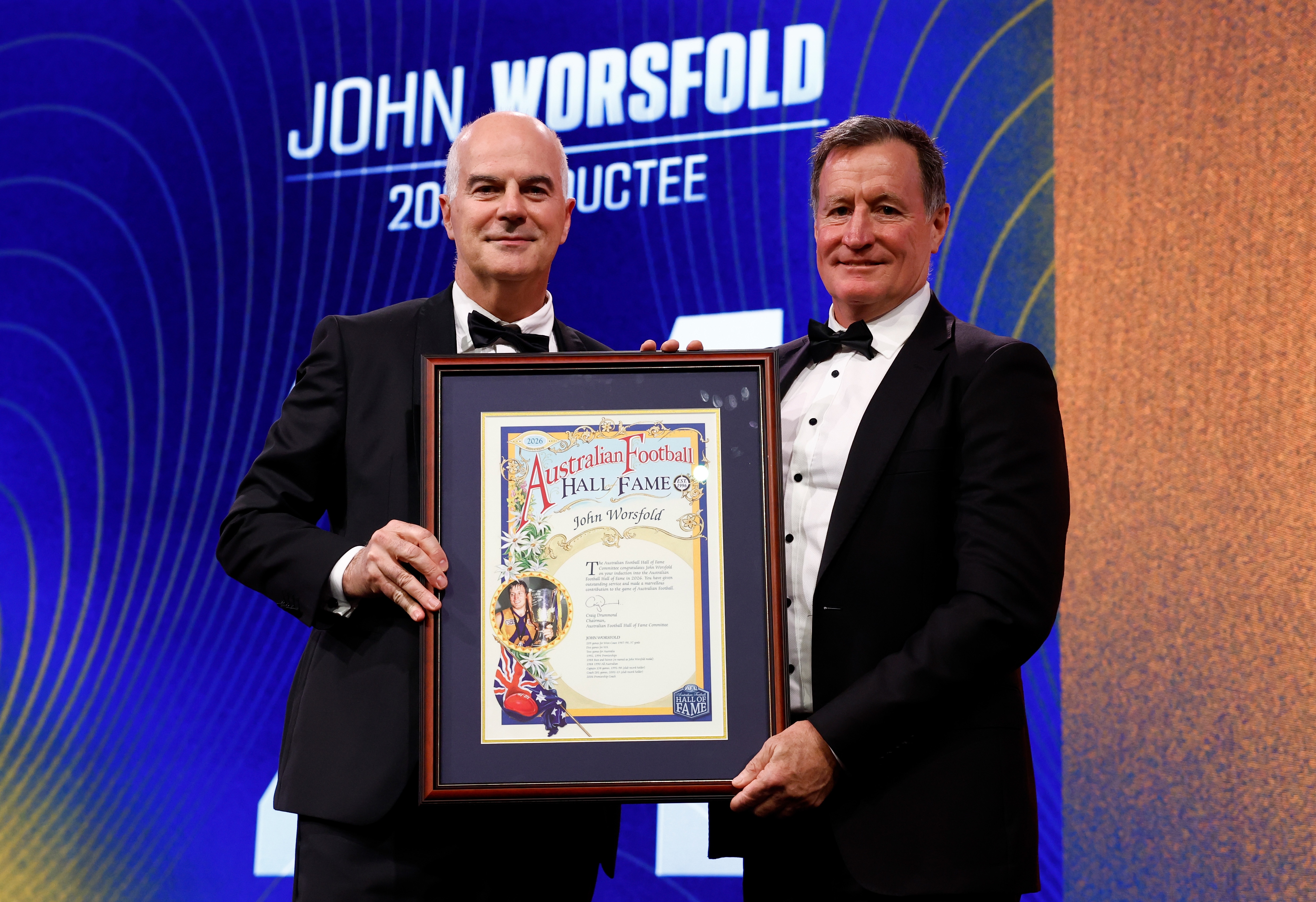 Australian Football Hall of Fame 2026 inductees Gary Ablett Jr, John Worsfold and Dustin Fletcher at Crown Palladium Melbourne