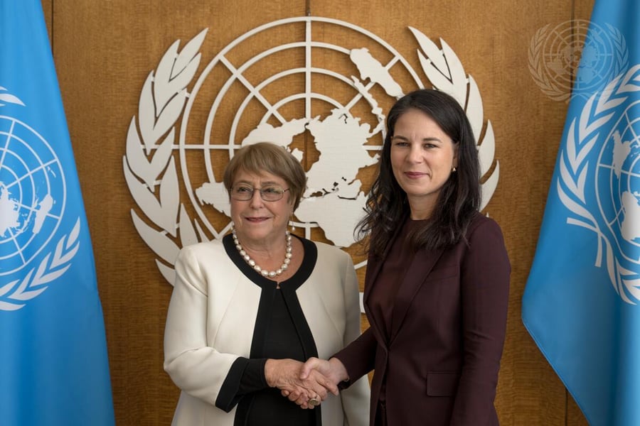 Michelle Bachelet, UN secretary-general candidate, meets with General Assembly President Annalena Baerbock at UN headquarters in New York, April 2026