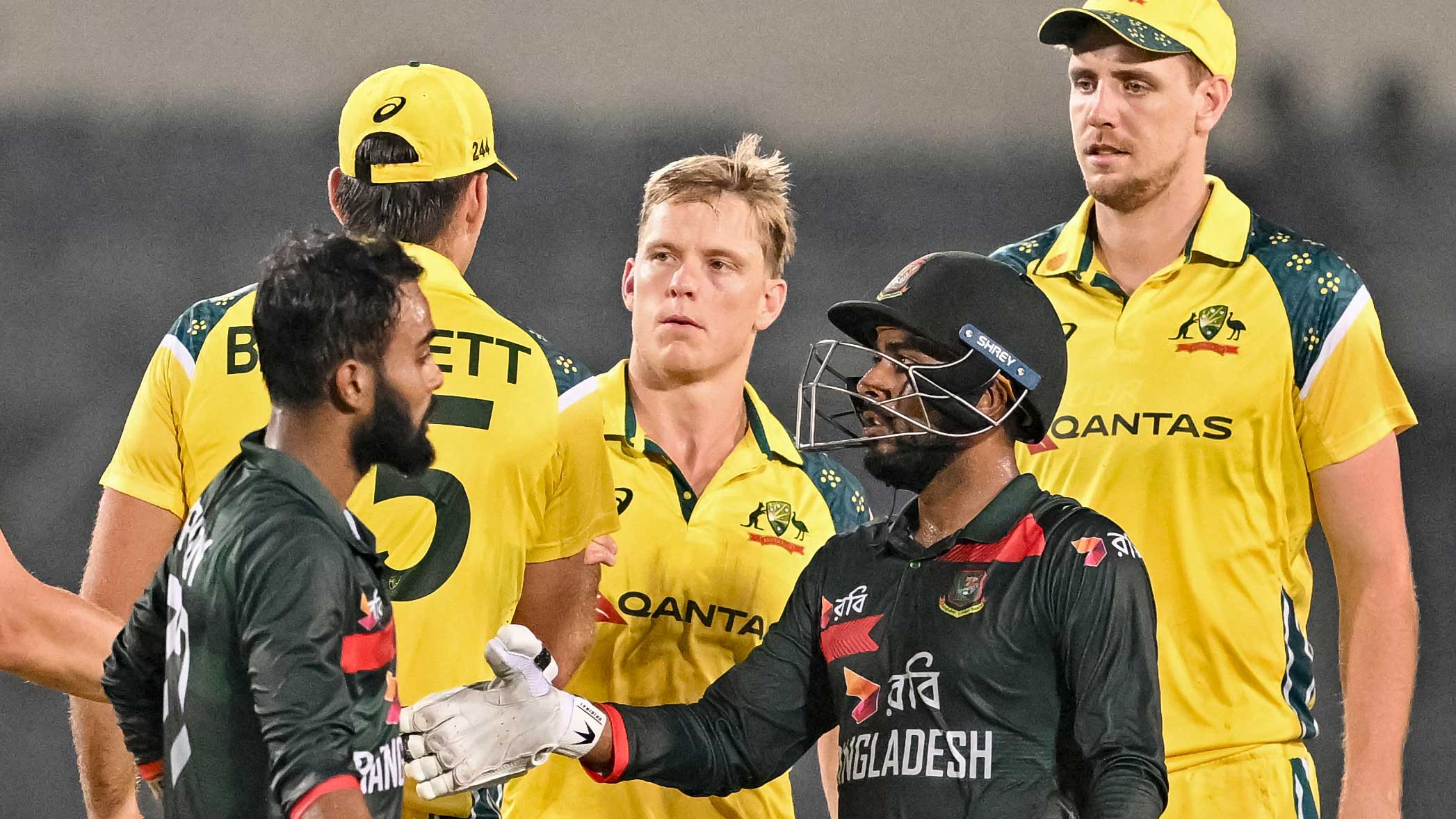 Bangladesh players celebrate after securing their historic first ODI series win over Australia at Shere Bangla National Stadium, Mirpur