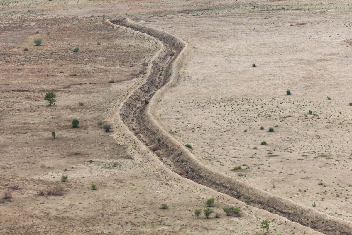 Defensive trenches around a town in Nigeria's Borno state