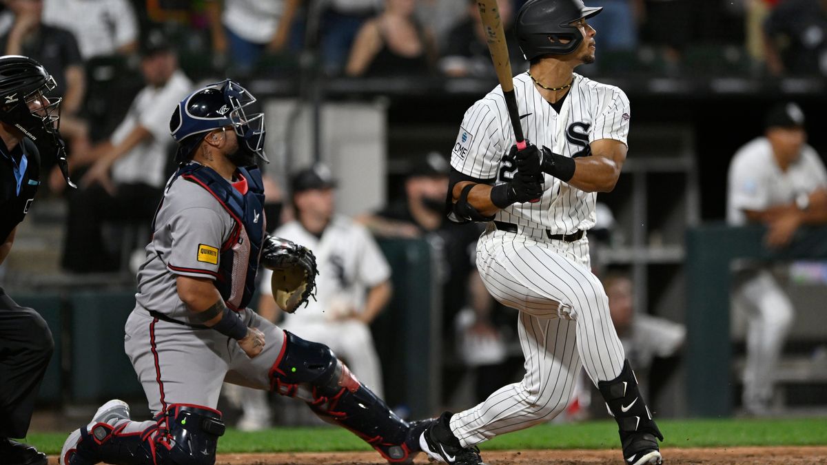 Braden Montgomery watches his walk-off two-run home run in the 10th inning of his MLB debut against the Atlanta Braves