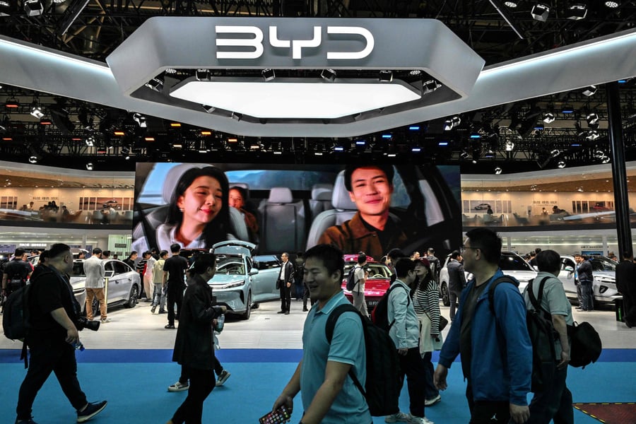 BYD booth at the Beijing Auto Show as the company holds 21.8 percent of China's NEV market
