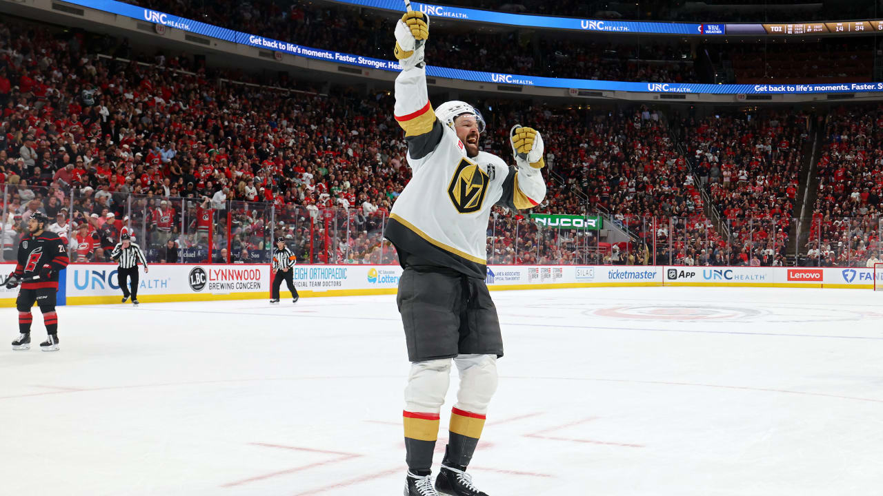 Carter Hart in net for Vegas Golden Knights during Game 1 of the Stanley Cup Final against Carolina Hurricanes