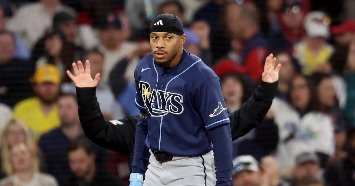 Tampa Bay Rays outfielder Chandler Simpson reacts after hitting a triple in 2026