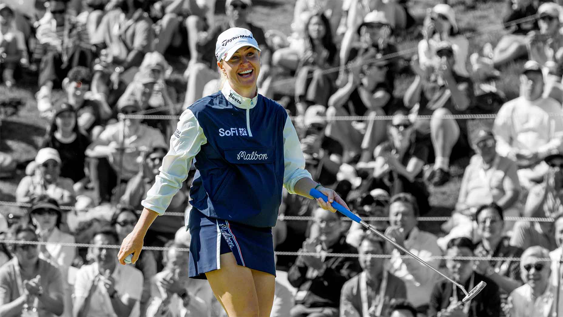 Charley Hull smiling to the crowd at the 18th hole at Riviera Country Club during the 2026 US Women's Open