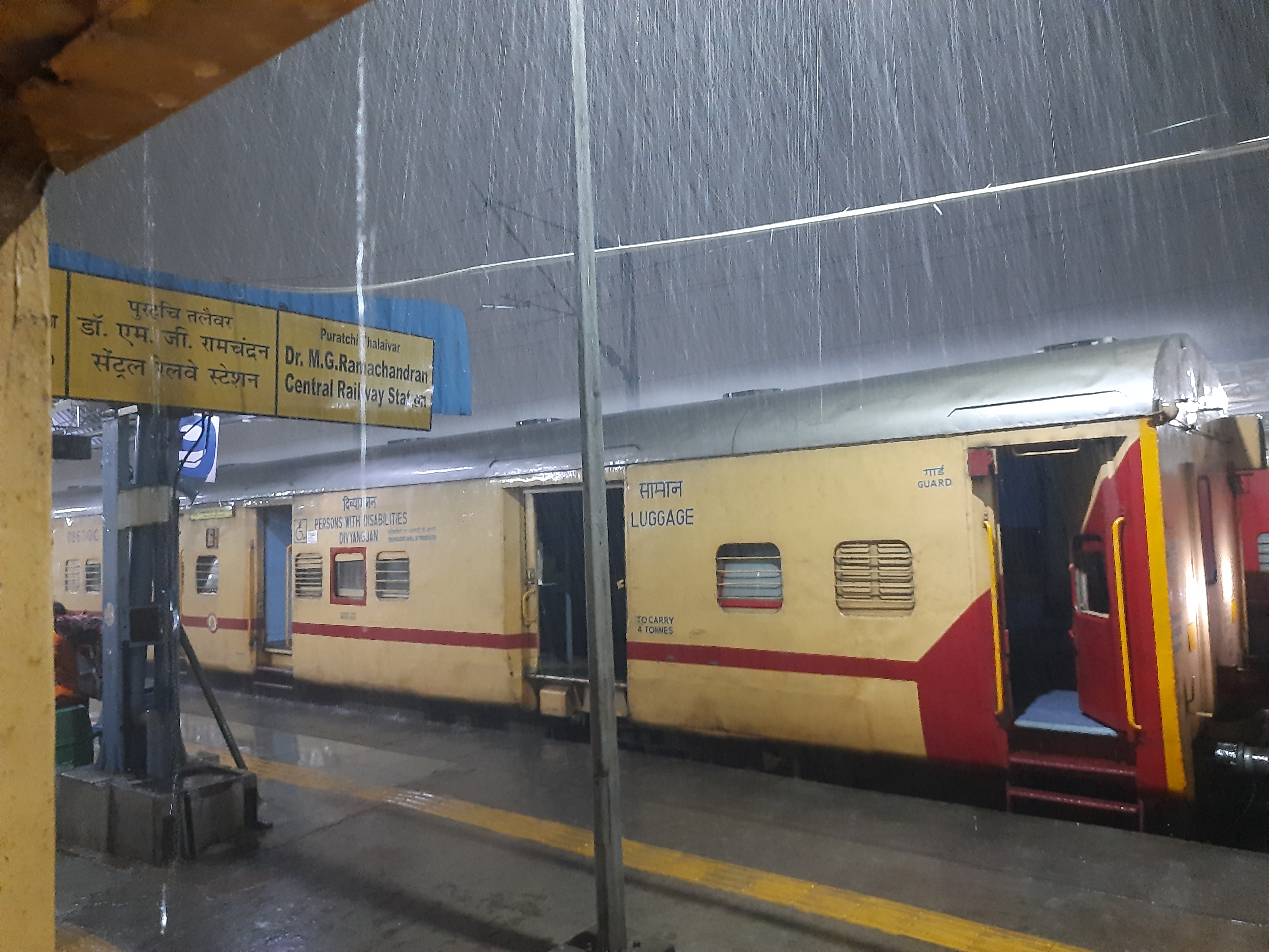 Chennai Central railway station seen through heavy rain