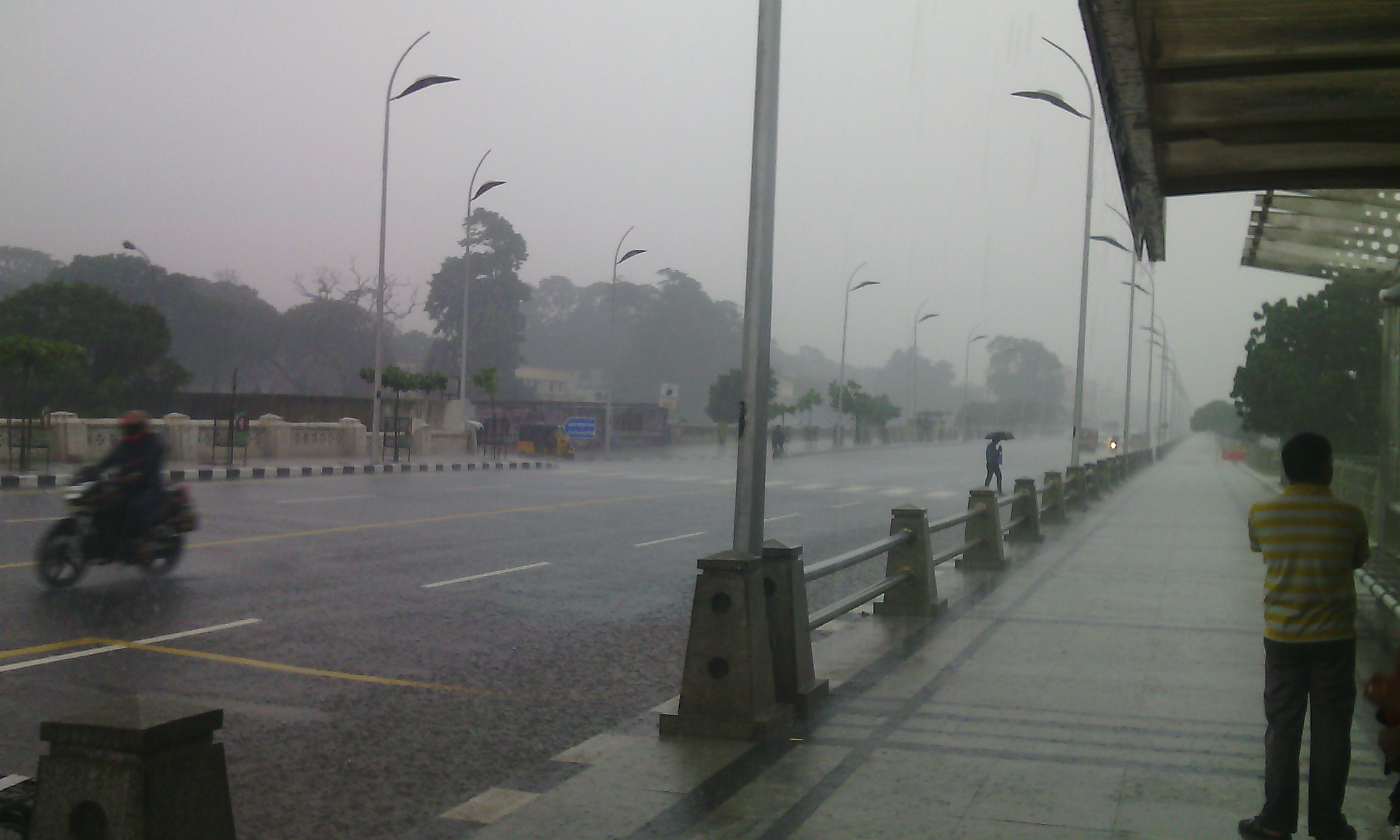 A wet street near the Marina in Chennai on a rainy day