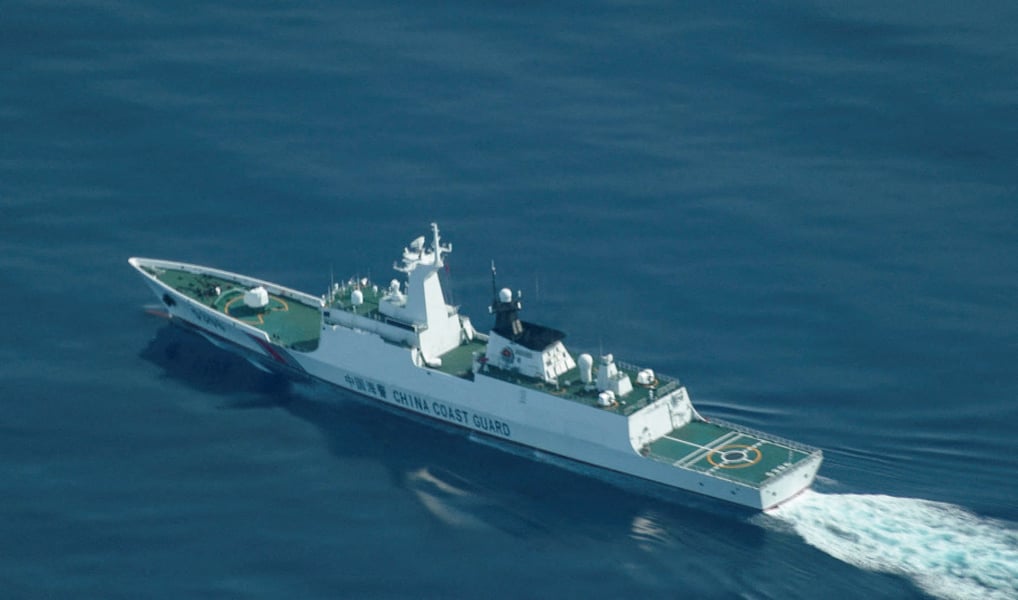 A China Coast Guard vessel operates near the contested Scarborough Shoal in the South China Sea