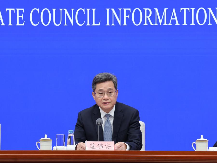 Chinese Finance Minister Lan Fo'an speaks at press conference on China government debt fiscal policy Beijing