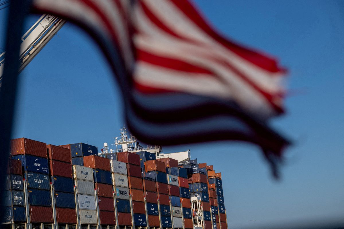 A cargo ship laden with containers at a US port handling trade with China