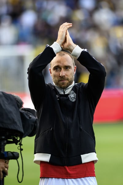 Christian Eriksen saluting fans ahead of the Denmark vs Ukraine international friendly at Nature Energy Park Odense June 2026