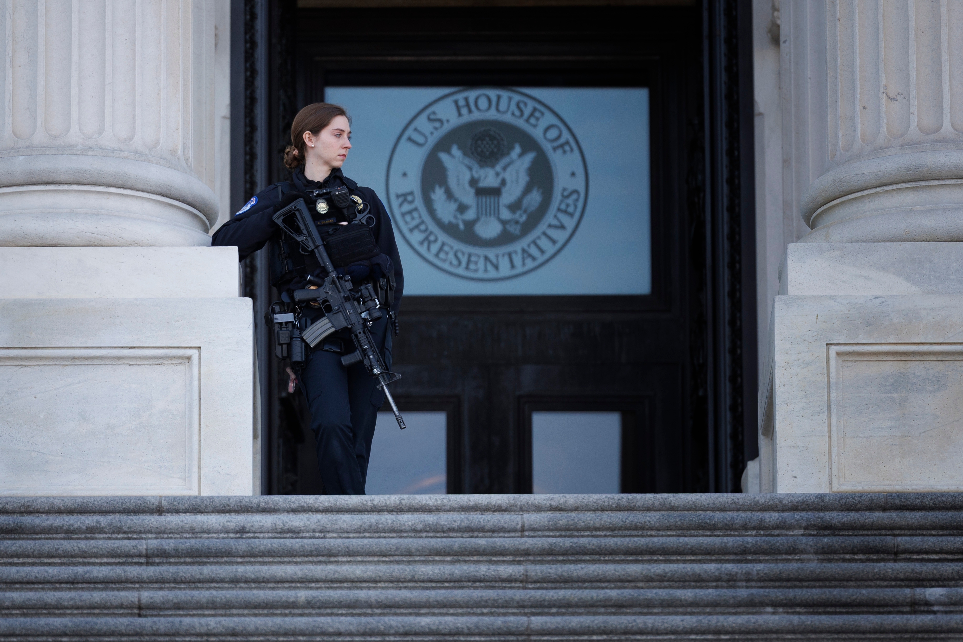 US Capitol Police officer stands guard outside the House of Representatives on Capitol Hill, Washington DC