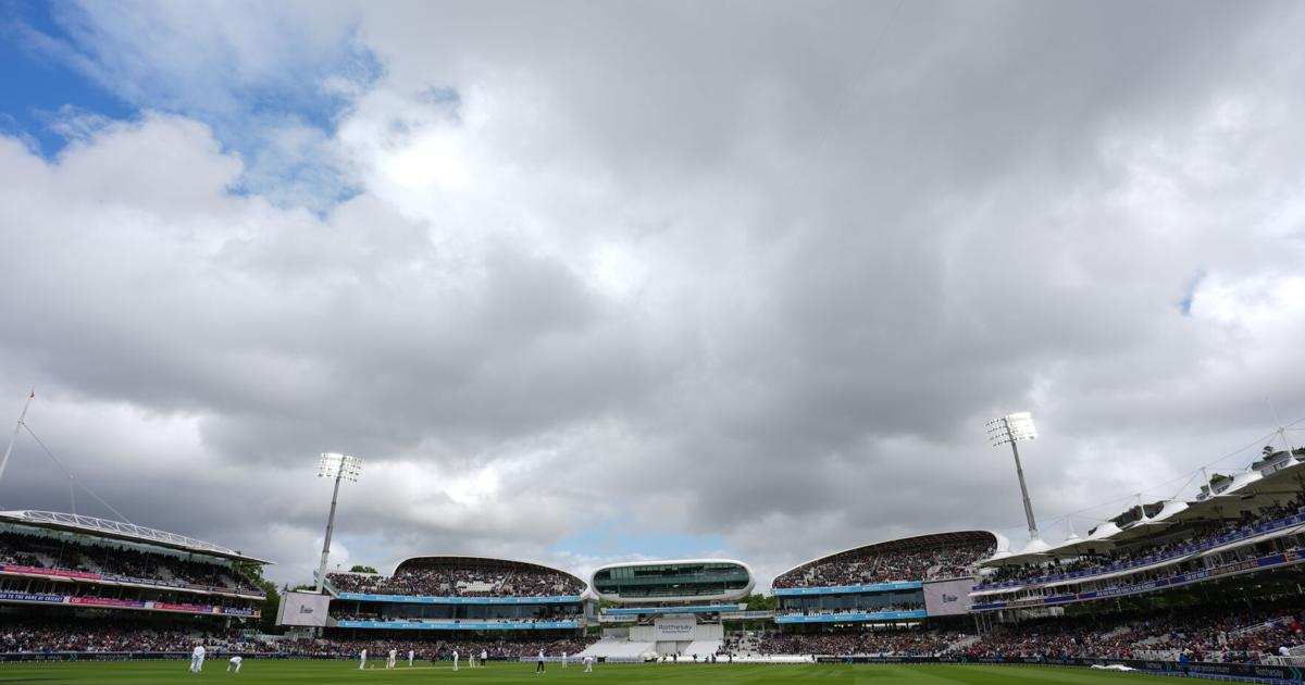 Clouds hover over Lord's cricket ground during the rain-hit third day of the England vs New Zealand Test match, June 6, 2026