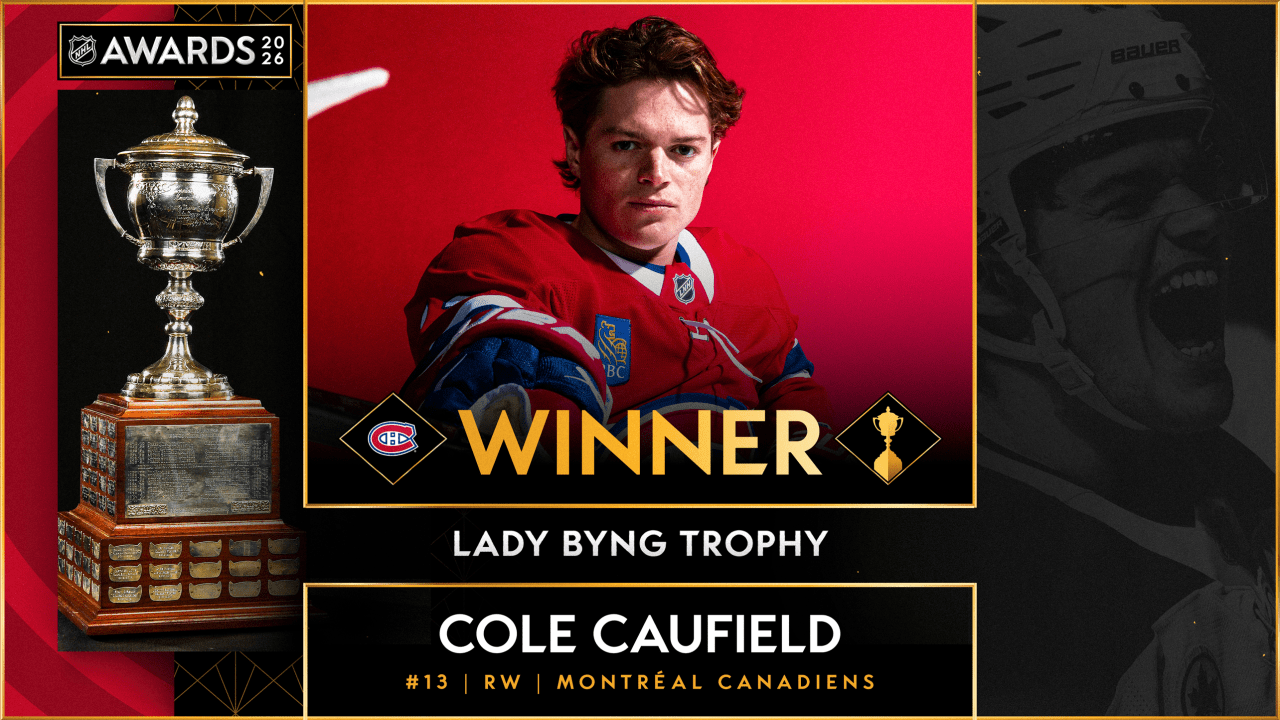 Cole Caufield holding the Lady Byng Memorial Trophy after winning the NHL award for sportsmanship in 2026