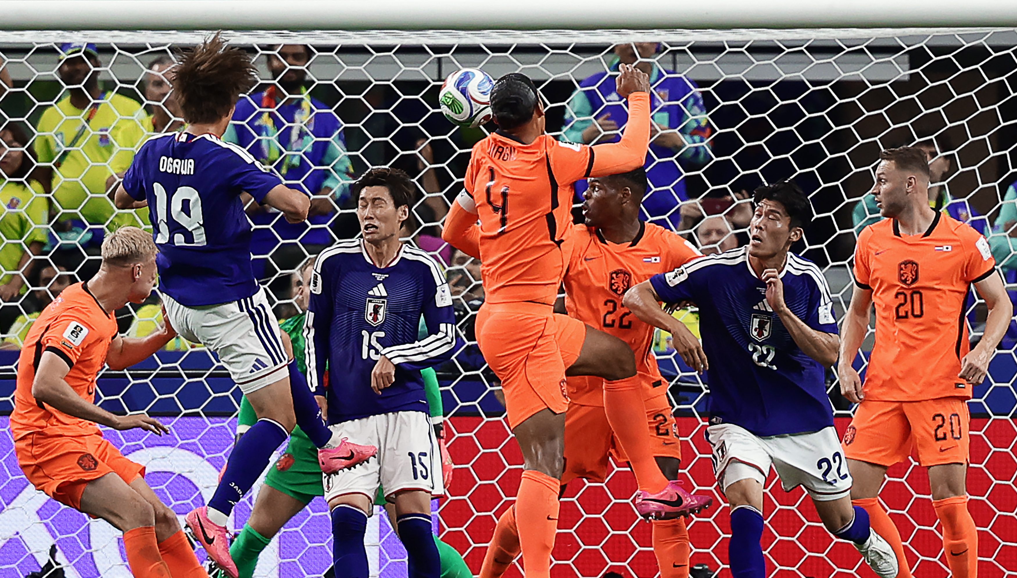 Japan's Daichi Kamada heads the ball to score the 88th-minute equalizer against the Netherlands during the 2026 FIFA World Cup Group F match at Dallas Stadium in Arlington Texas