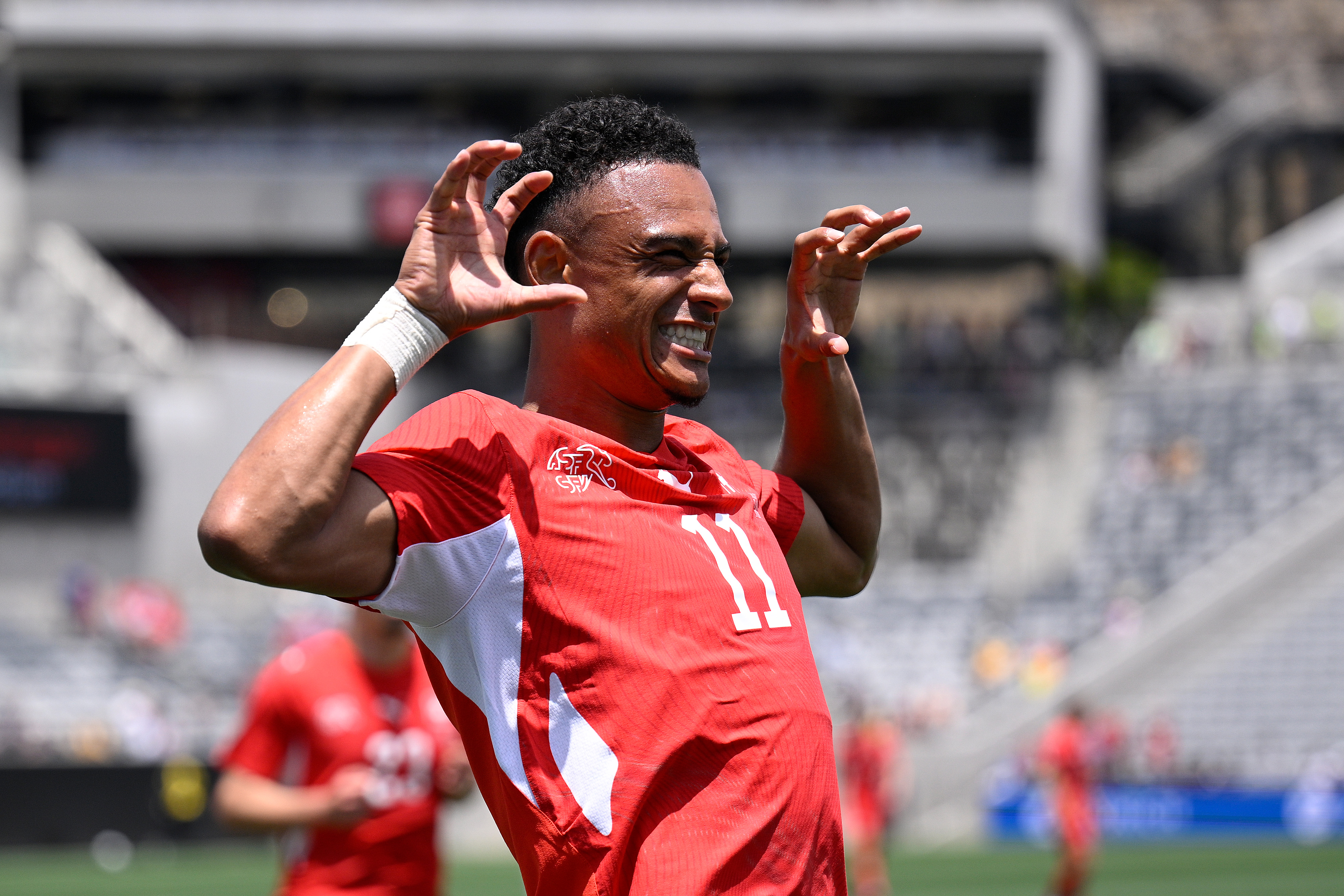 Dan Ndoye of Switzerland celebrates after scoring against Australia at Snapdragon Stadium, San Diego, June 6 2026