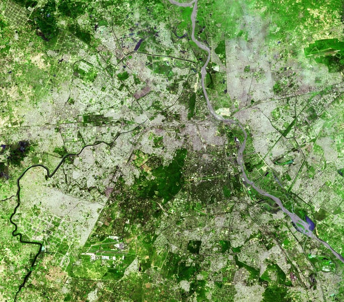 Satellite view of Delhi and the Yamuna River from NASA Terra spacecraft showing the sprawling capital region