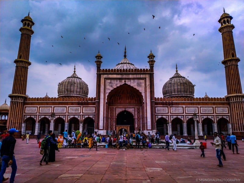 Dark storm clouds massing over the Jama Masjid mosque in Delhi