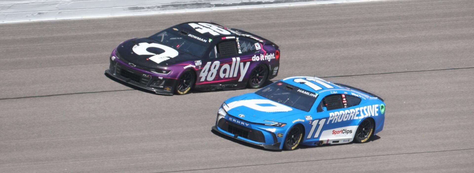 Denny Hamlin racing at Michigan International Speedway for the 2026 FireKeepers Casino 400