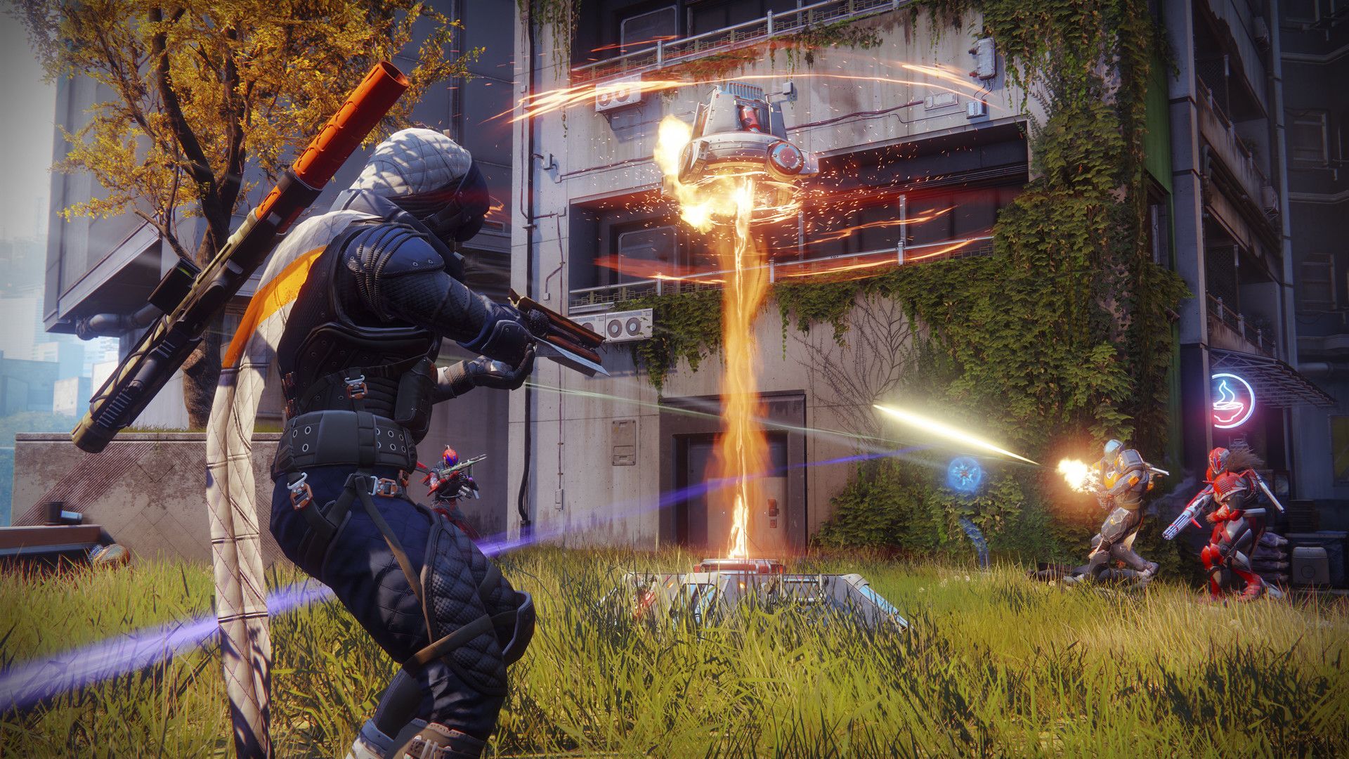 Destiny 2 players battle in a futuristic urban arena during the Monument of Triumph final update launch day