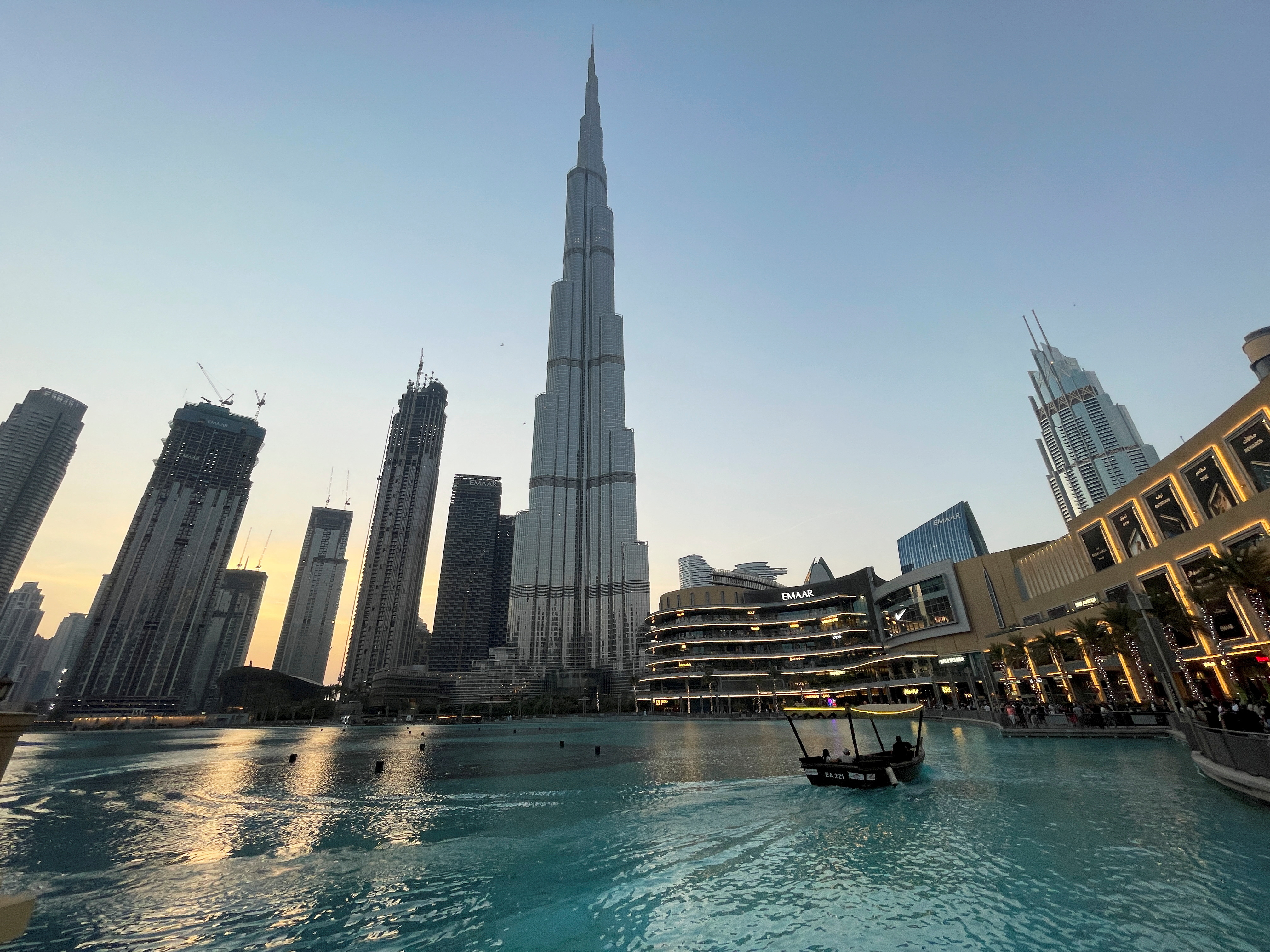 The Burj Khalifa towers over the Dubai skyline in the United Arab Emirates