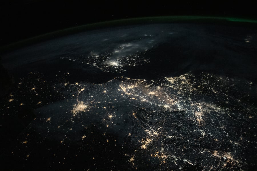 Aerial night photograph of Birmingham, United Kingdom showing the city's lights with Edgbaston Stadium district in the south, taken from the International Space Station