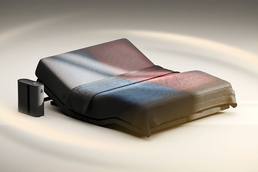 Eight Sleep Pod 5 smart mattress system showing the hub and cover for biometric sleep tracking without a wearable