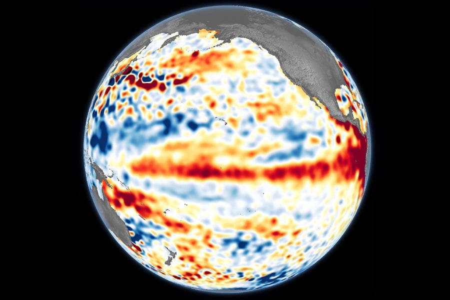 NASA Sentinel-6 satellite view of sea surface height anomalies in the Pacific during the 2023 El Nino onset