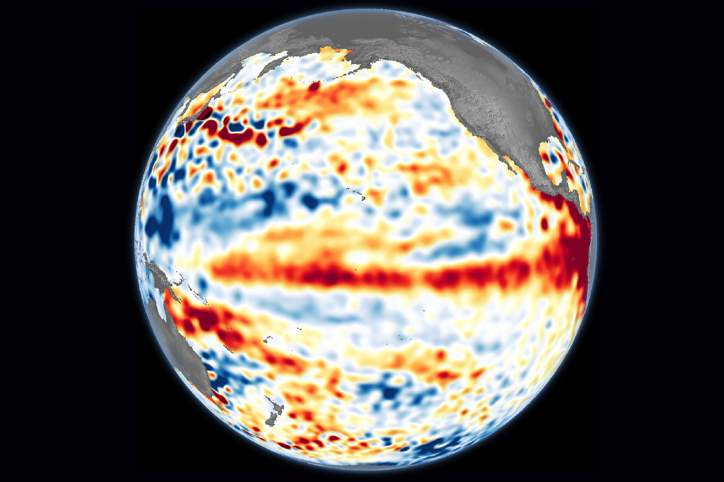NASA Earth Observatory sea surface height anomaly map of the central and eastern Pacific Ocean during El Nino formation June 2023
