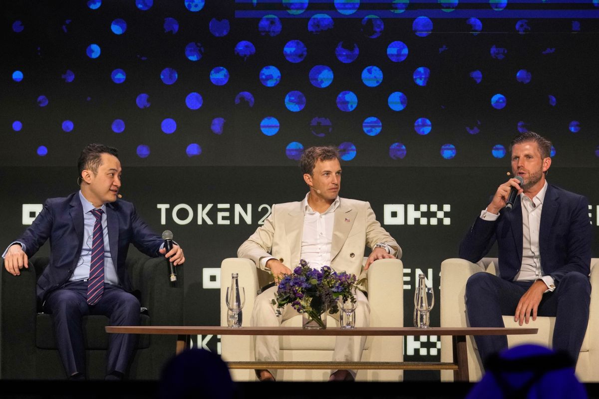 Eric Trump speaks at a cryptocurrency event alongside World Liberty Financial co-founders