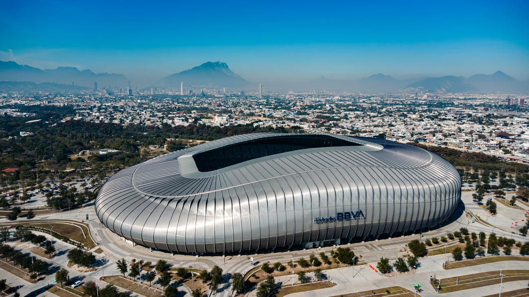 Aerial view of Estadio BBVA in Monterrey, Mexico, a 2026 FIFA World Cup host venue