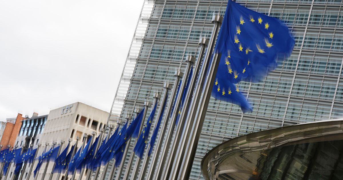 European Union flags outside EU headquarters in Brussels ahead of the tech sovereignty package announcement in May 2026