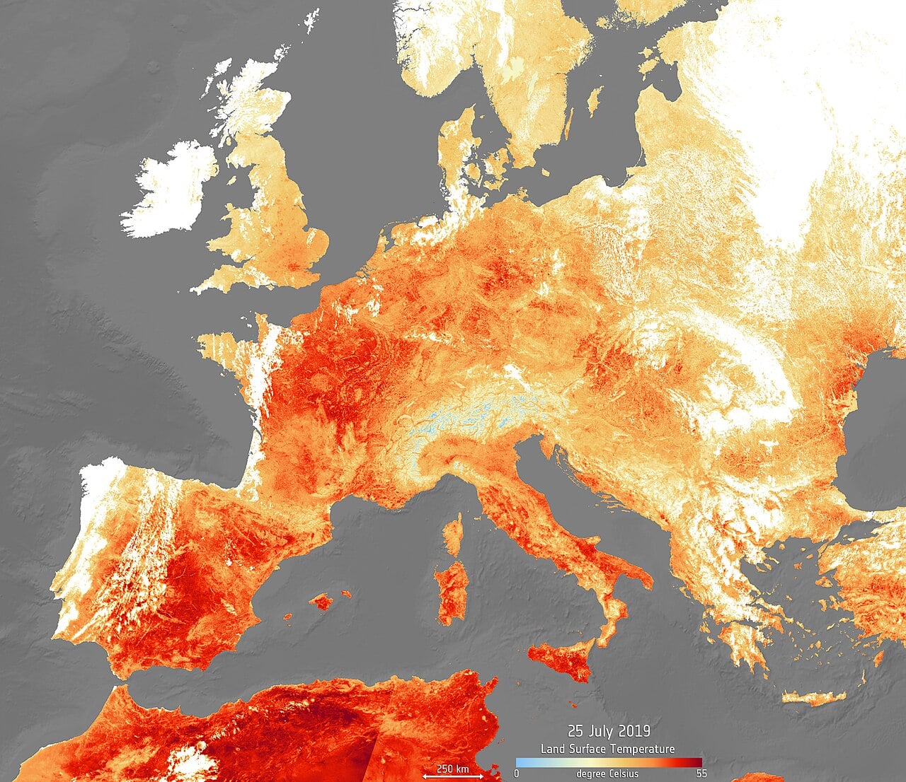 ESA Copernicus satellite visualization of European heatwave land surface temperatures
