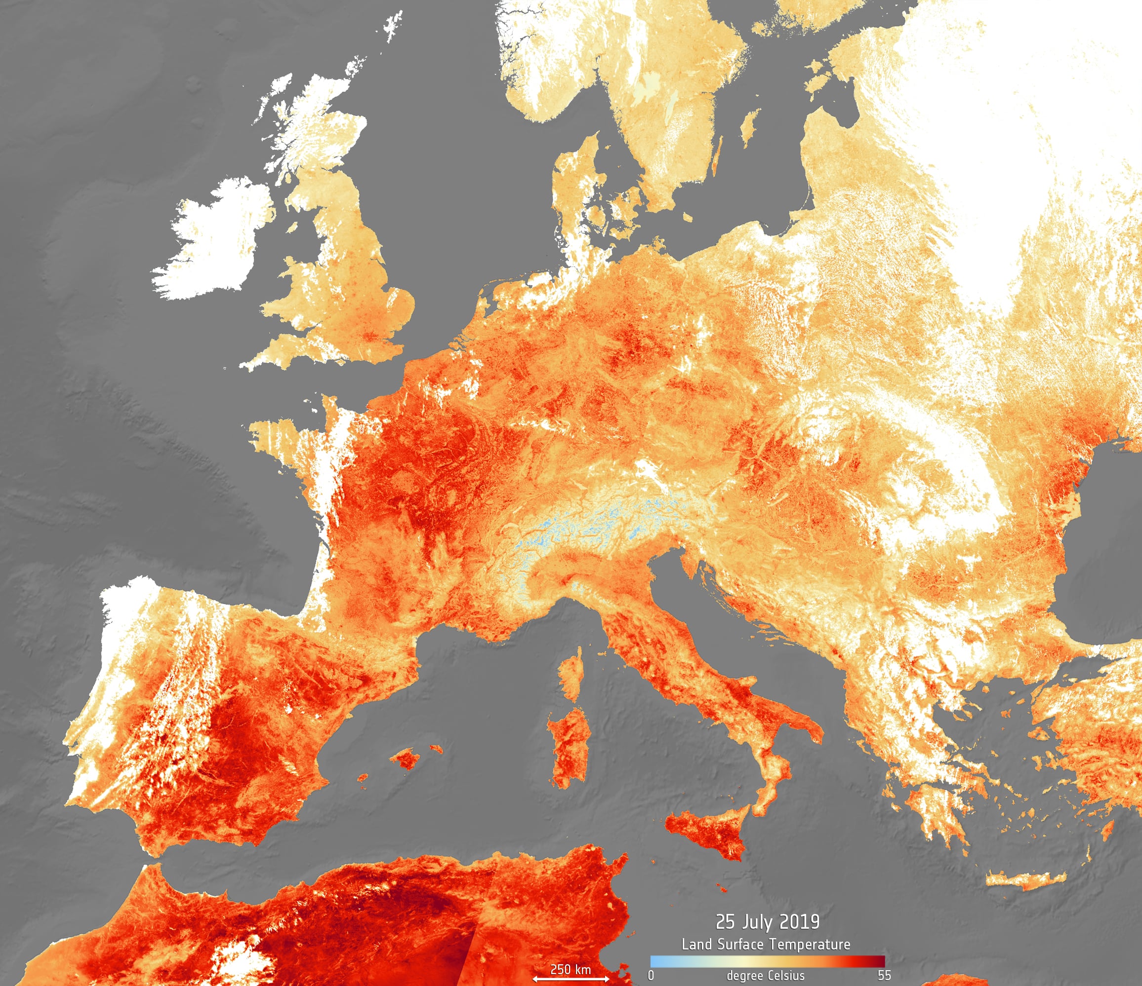 ESA satellite image showing extreme heat conditions across Europe during the June 2026 heatwave